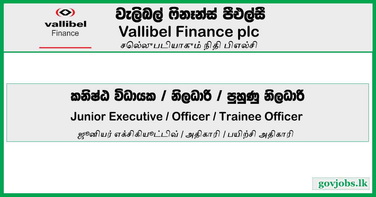 Junior Executive / Officer / Trainee Officer – Vallibel Finance Job Vacancies 2023