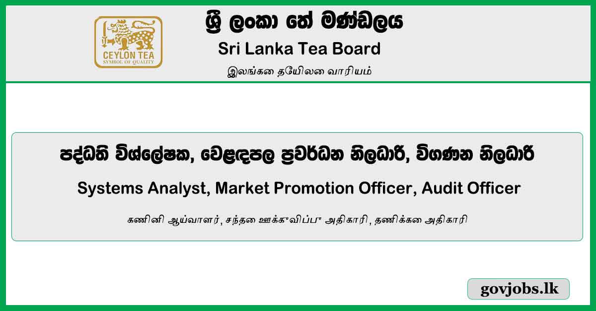 Systems Analyst, Market Promotion Officer, Audit Officer - Sri Lanka Tea Board Vacancies 2023