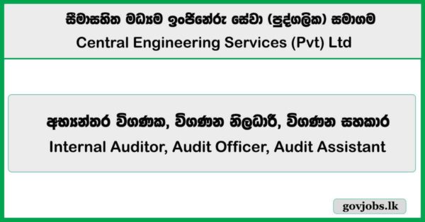 Internal Auditor, Audit Officer, Audit Assistant – Central Engineering Services (Pvt) Ltd Job Vacancies 2025