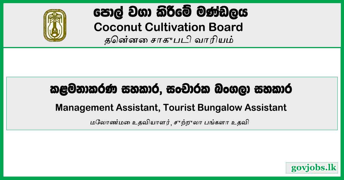 Management Assistant, Tourist Bungalow Assistant - Coconut Cultivation Board Job Vacancies 2024