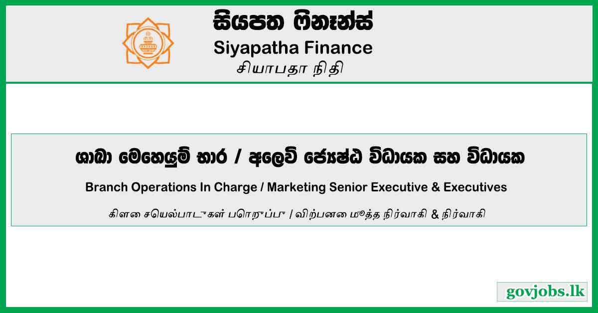 Branch Operations In Charge, Marketing Senior Executive & Executives – Siyapatha Finance Job Vacancies 2024