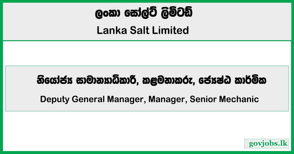 Deputy General Manager, Manager, Senior Mechanic - Lanka Salt Limited Job Vacancies 2