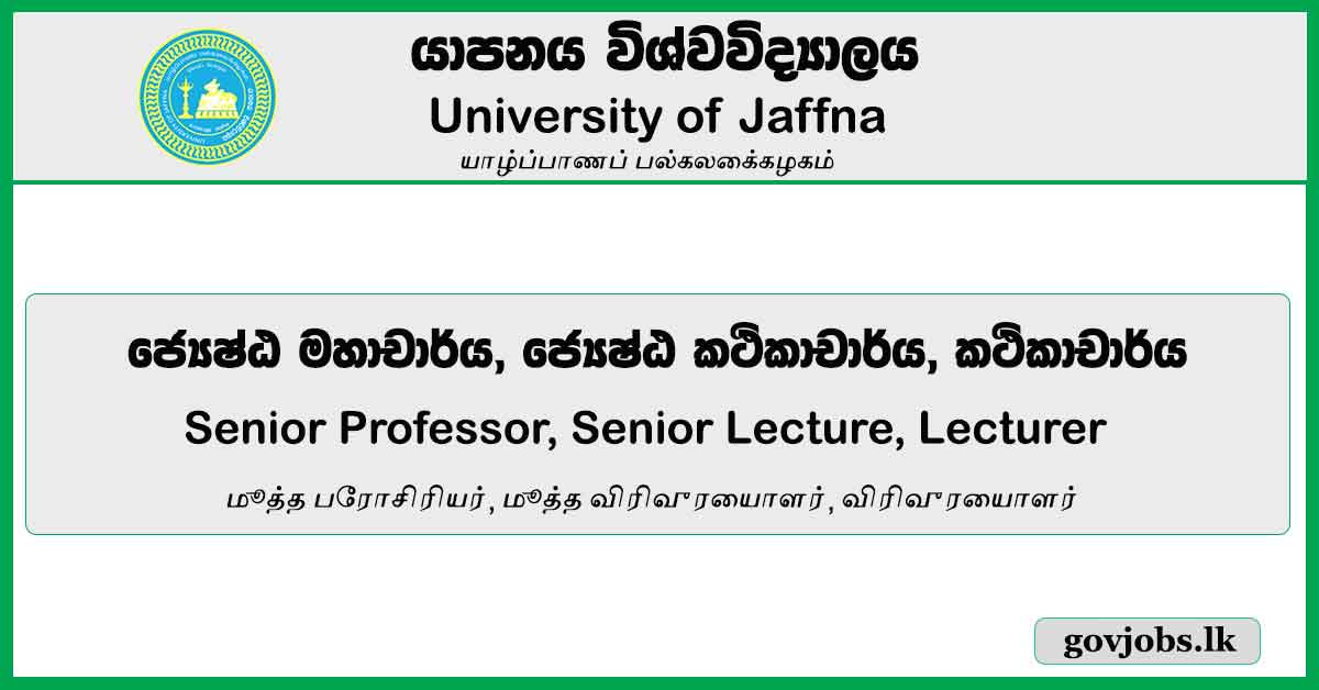 Senior Professor, Senior Lecture, Lecturer - University Of Jaffna Job Vacancies 2024