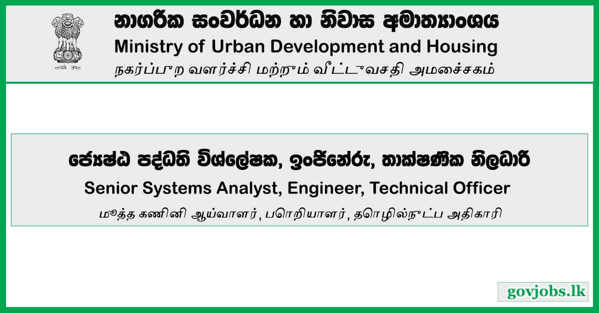 Senior Systems Analyst, Engineer, Technical Officer - Ministry Of Urban Development And Housing Vacancies 2023