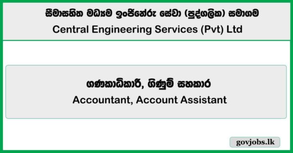 Accountant, Account Assistant – Central Engineering Services (Pvt) Ltd Job Vacancies 2025