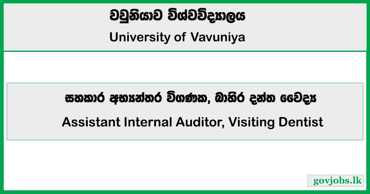 Assistant Internal Auditor, Visiting Dentist - University of Vavuniya Job Vacancies 2025