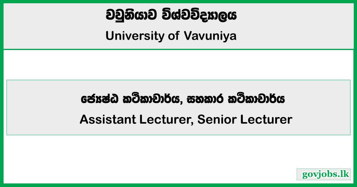 Assistant Lecturer, Senior Lecturer - University of Vavuniya Job Vacancies 2024