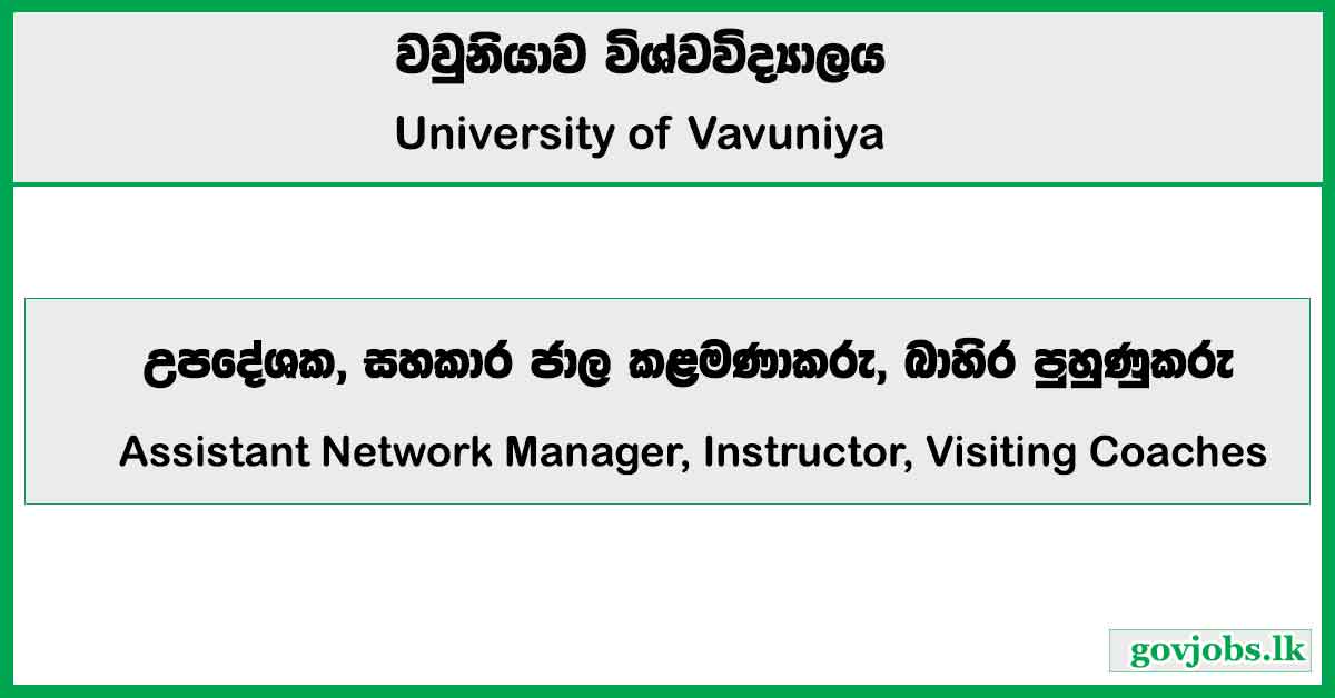 Assistant Network Manager, Instructor, Visiting Coaches - University of Vavuniya Job Vacancies 2025