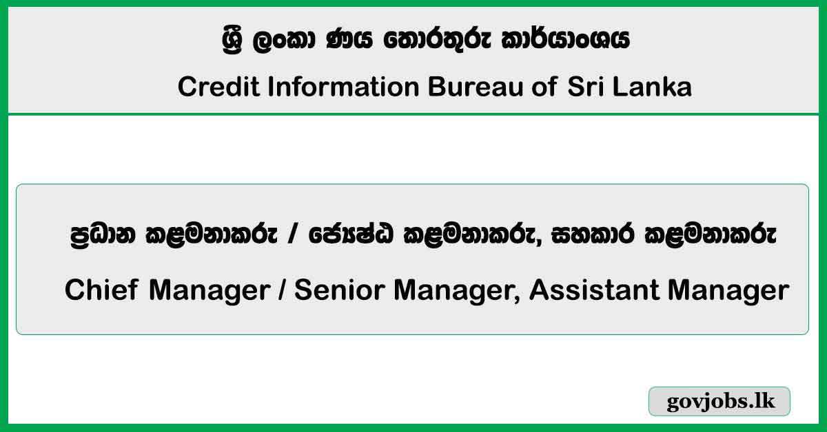 Chief Manager, Senior Manager, Assistant Manager – Credit Information Bureau of Sri Lanka 2025 Job Vacancies