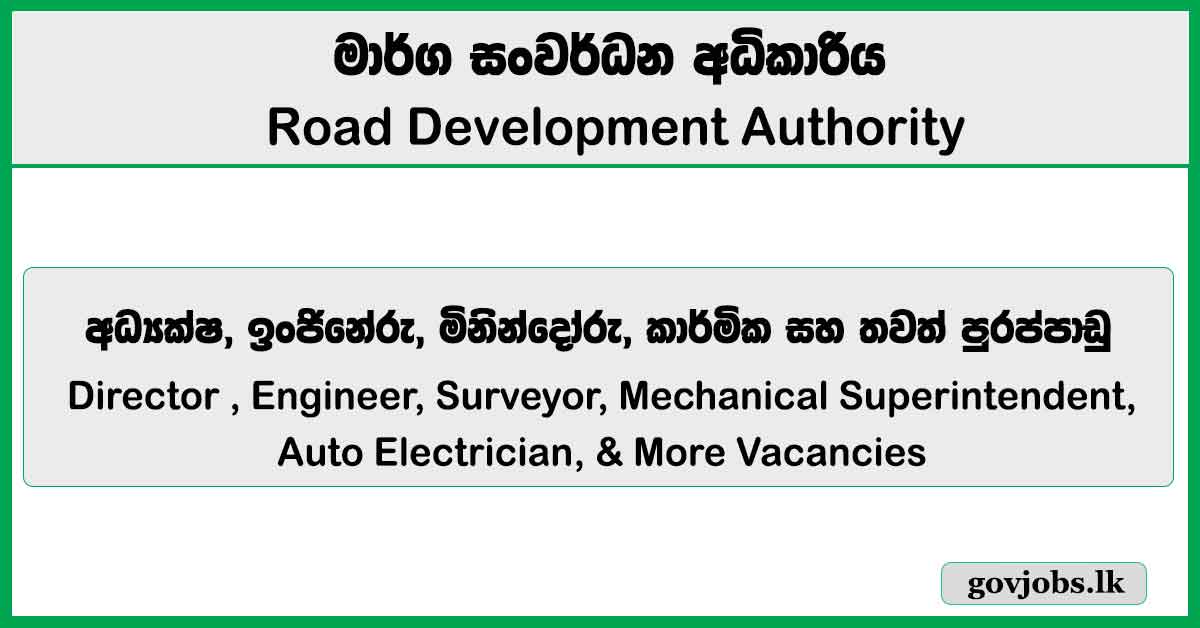 Director , Engineer, Surveyor, Mechanical Superintendent, Auto Electrician, & More Vacancies - Road Development Authority (RDA) Job Vacancies 2026