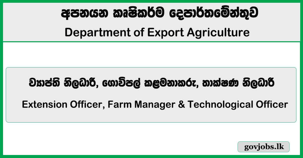 Extension Officer, Farm Manager & Technological Officer - Department of Export Agriculture Job Vacancies 2026 (Open Exam)