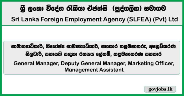 General Manager, Deputy General Manager, Marketing Officer, Management Assistant & More Vacancies – Sri Lanka Foreign Employment Agency Job Vacancies 2026