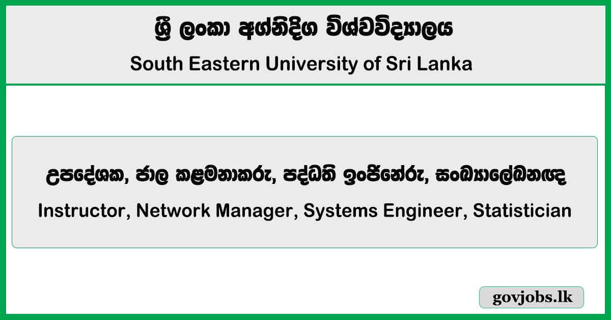 Instructor, Network Manager, Systems Engineer, Statistician - South Eastern University of Sri Lanka 2025 Job Vacancies