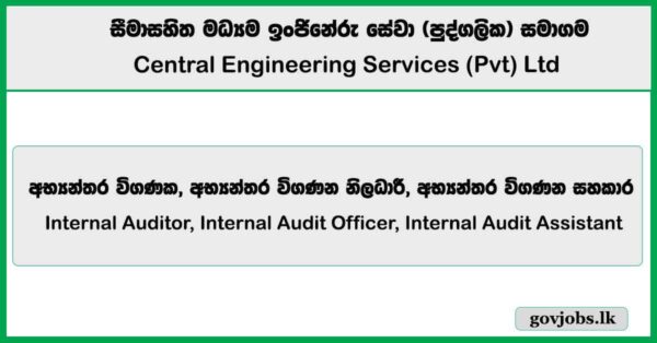 Internal Auditor, Internal Audit Officer, Internal Audit Assistant – Central Engineering Services (Pvt) Ltd Job Vacancies 2025