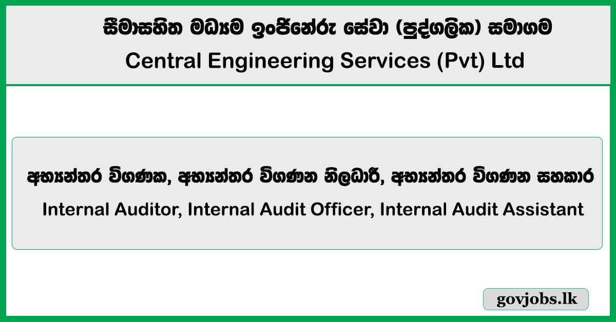 Internal Auditor, Internal Audit Officer, Internal Audit Assistant – Central Engineering Services (Pvt) Ltd Job Vacancies 2025