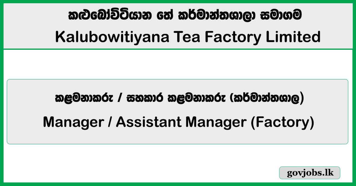 Manager / Assistant Manager (Factory) – Kalubowitiyana Tea Factory Limited Job Vacancies 2026