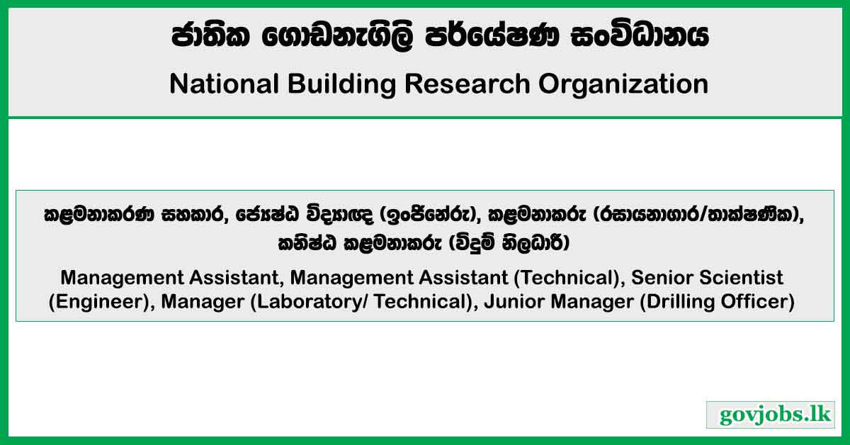 Management Assistant, Senior Scientist, Manager, Junior Manager - National Building Research Organization Job Vacancies 2025