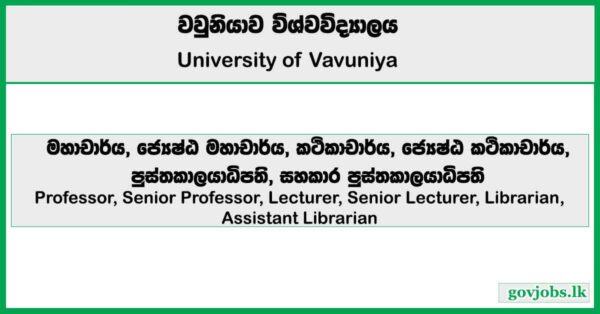 Professor, Senior Professor, Lecturer, Senior Lecturer, Librarian, Assistant Librarian - University of Vavuniya Job Vacancies 2025