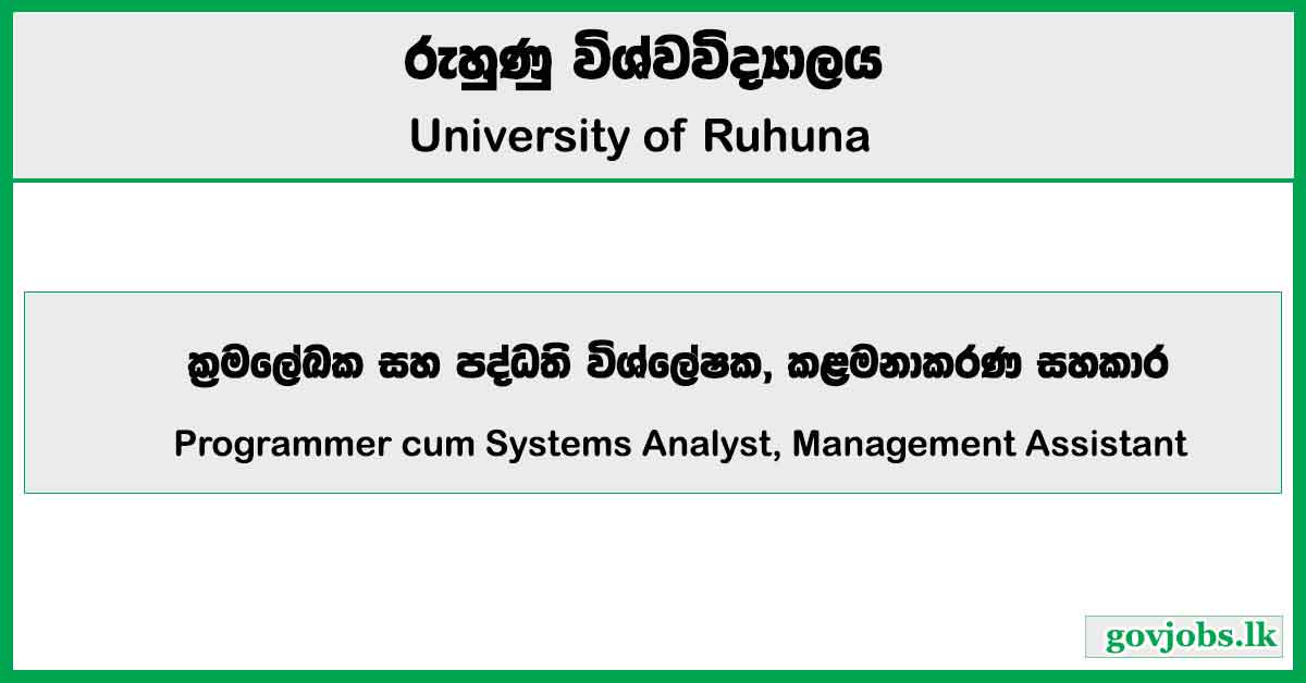 Programmer cum Systems Analyst, Management Assistant - University of Ruhuna Job Vacancies 2024