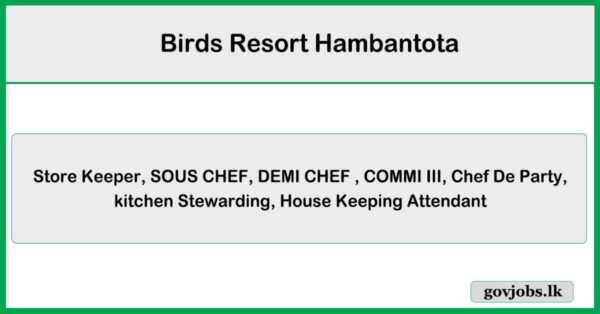 Store Keeper, SOUS CHEF, DEMI CHEF & More Vacancies 2025 - Birds Resort Hambantota