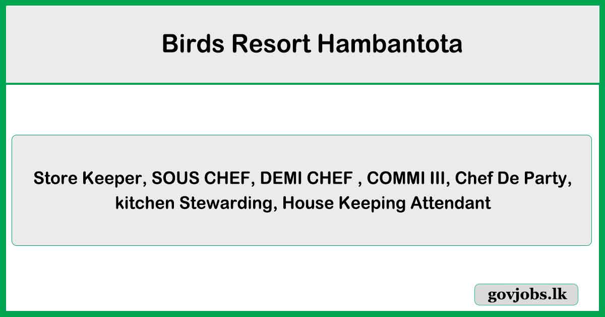 Store Keeper, SOUS CHEF, DEMI CHEF & More Vacancies 2025 - Birds Resort Hambantota