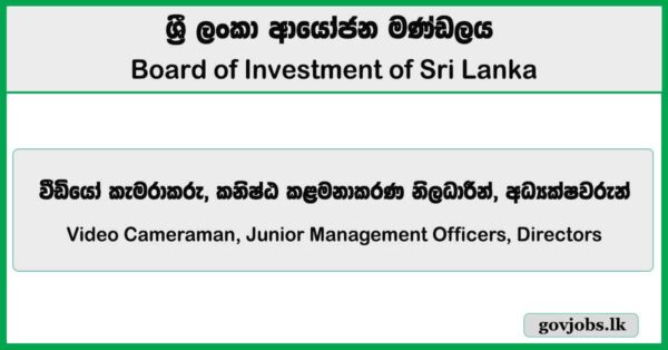 Video Cameraman, Junior Management Officers, Directors - Board of Investment of Sri Lanka (BOI) Job Vacancies 2026